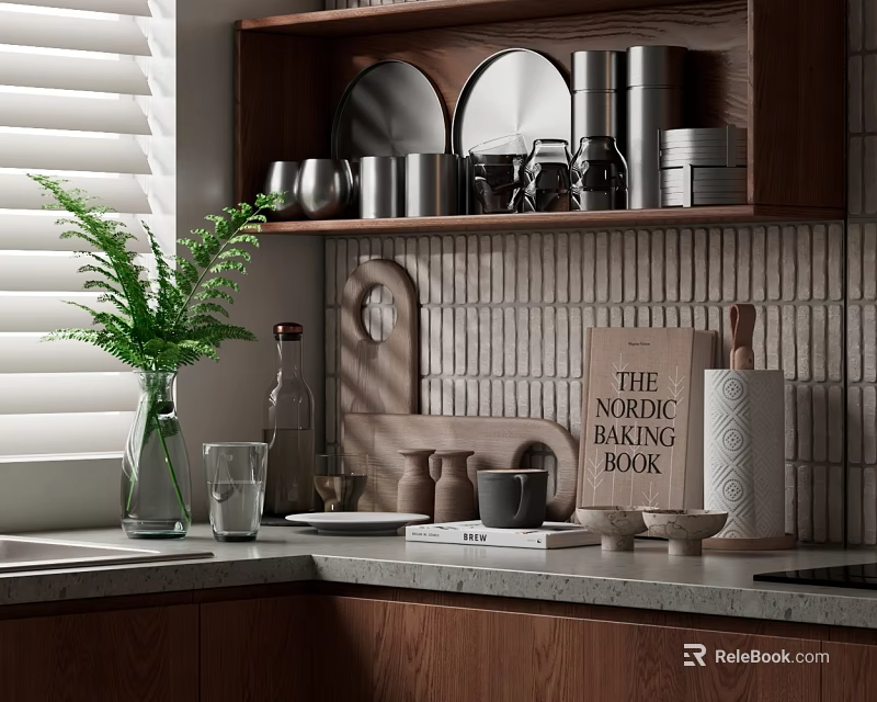 Cozy Kitchen With Wooden Cabinets And Organized Kitchenware 3d model