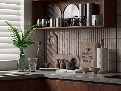 Cozy Kitchen With Wooden Cabinets And Organized Kitchenware 3d model