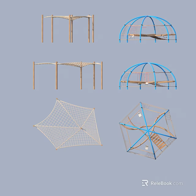 Outdoor Playground Equipment With Wooden Blue Frame Net Climbing And Geometric Structures 3d model 