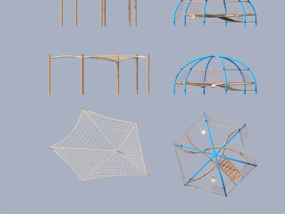 Outdoor Playground Equipment With Wooden Blue Frame Net Climbing And Geometric Structures 3d model