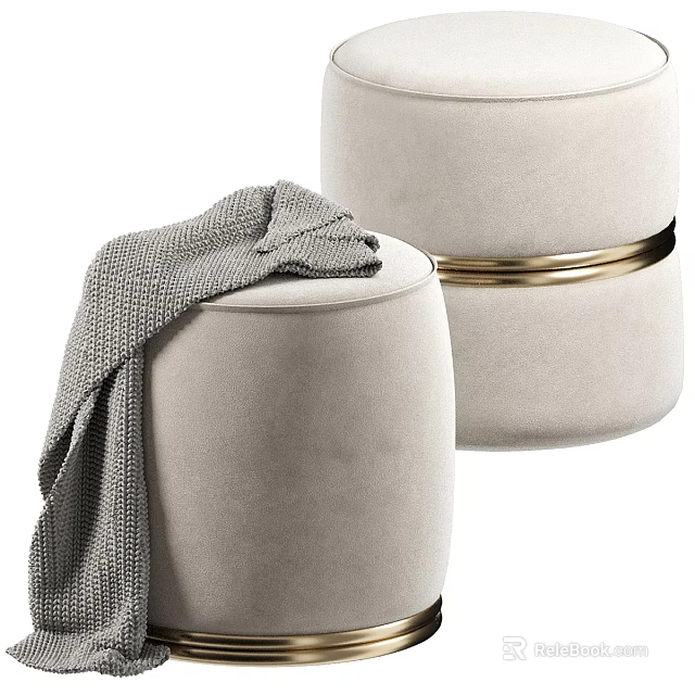 Stylish Beige Ottoman Stools With Golden Ring Trim Topped With Gray Knitted Blanket 3d model 