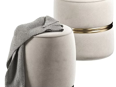 Stylish Beige Ottoman Stools With Golden Ring Trim Topped With Gray Knitted Blanket 3d model