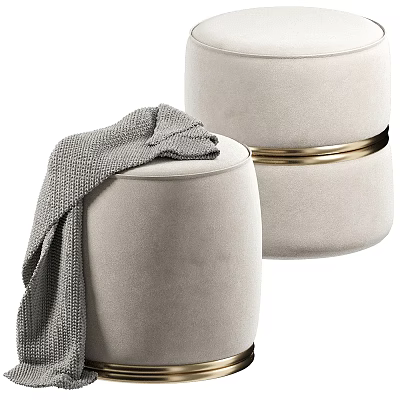 Stylish Beige Ottoman Stools With Golden Ring Trim Topped With Gray Knitted Blanket 3d model
