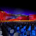 Stage Design with Red Blue Lighting Backdrop and Arranged Audience Seats Setup 3d model