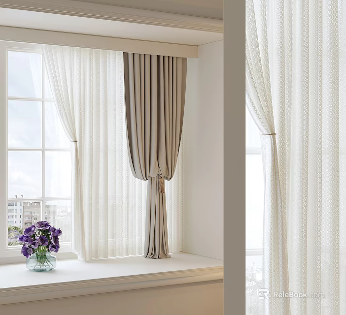 Modern Curtains With Sheer White Panels For Large Window And Purple Flowers Vase 3d model 