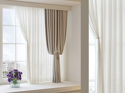 Modern Curtains With Sheer White Panels For Large Window And Purple Flowers Vase 3d model
