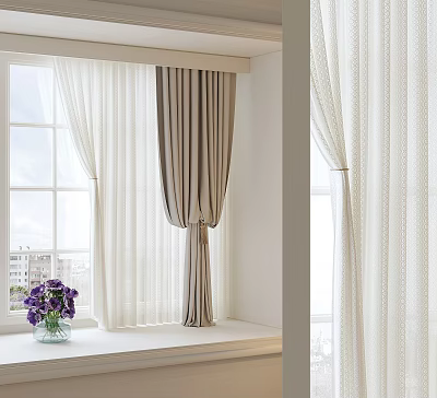 Modern Curtains With Sheer White Panels For Large Window And Purple Flowers Vase 3d model