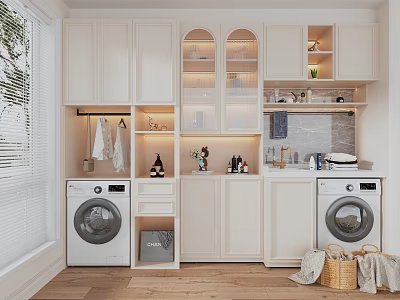 Home Balcony With White Cabinets Washing Machines Clothes Hanger Open Shelves And Storage Baskets 3d model