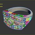 Beige Ornate Ring With Circular And Square Gemstones And Carved Patterns