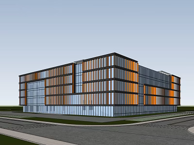 Modern Multi Story Office Building With Glass Curtain Wall And Gray Orange Facade 3d model