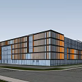 Modern Multi Story Office Building With Glass Curtain Wall And Gray Orange Facade