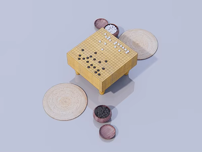 Board Game Entertainment Setup With Wooden Chessboard Black White Stones Storage Jars And Round Mats 3d model