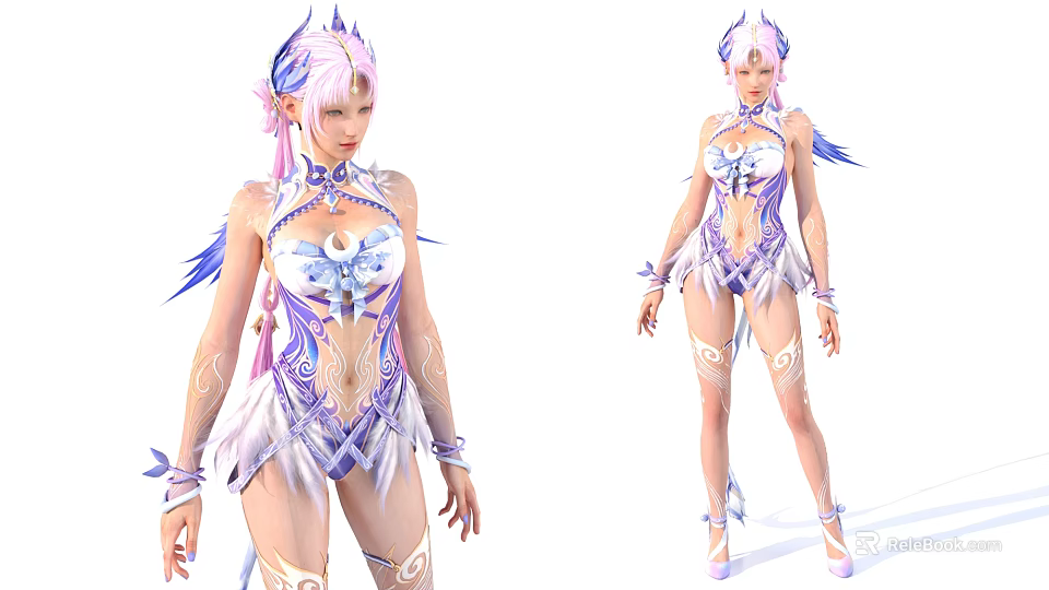 Game Movie Character With Pink Hair Blue Purple Decorated Outfit And White Feathered Details 3d model 