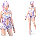 Game Movie Character With Pink Hair Blue Purple Decorated Outfit And White Feathered Details