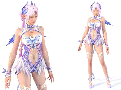 Game Movie Character With Pink Hair Blue Purple Decorated Outfit And White Feathered Details 3d model