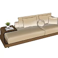 Modern Minimalist Two Seater Sofa In Beige Fabric With Decorative Pillows And Side Table Small Plant