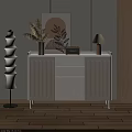 Modern White Sideboard with Decorative Vase Plant Table Lamp and Radio in Stylish Interior