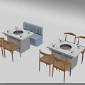 Modern Wooden Public Chairs and Blue Booth Seating in Restaurant with White Tables