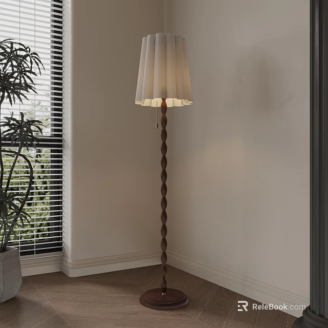 Twisted Wooden Floor Lamp With Beige Shade In Room With Window Blinds And Potted Plant 3d model 