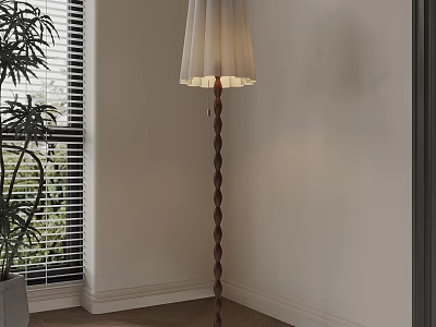 Twisted Wooden Floor Lamp With Beige Shade In Room With Window Blinds And Potted Plant 3d model