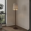 Twisted Wooden Floor Lamp With Beige Shade In Room With Window Blinds And Potted Plant
