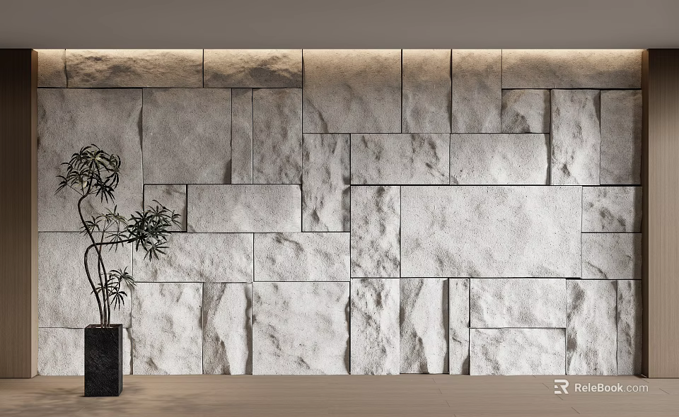 Natural Stone Textured Wall Design In Modern Interior With Decorative Green Plant 3d model 