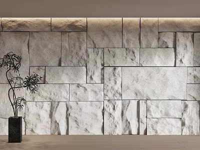 Natural Stone Textured Wall Design In Modern Interior With Decorative Green Plant 3d model