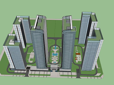 Modern High Rise Office Building Complex With Central Courtyard And Green Spaces 3d model