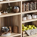 Wooden Kitchen Shelves With Various Tableware Set