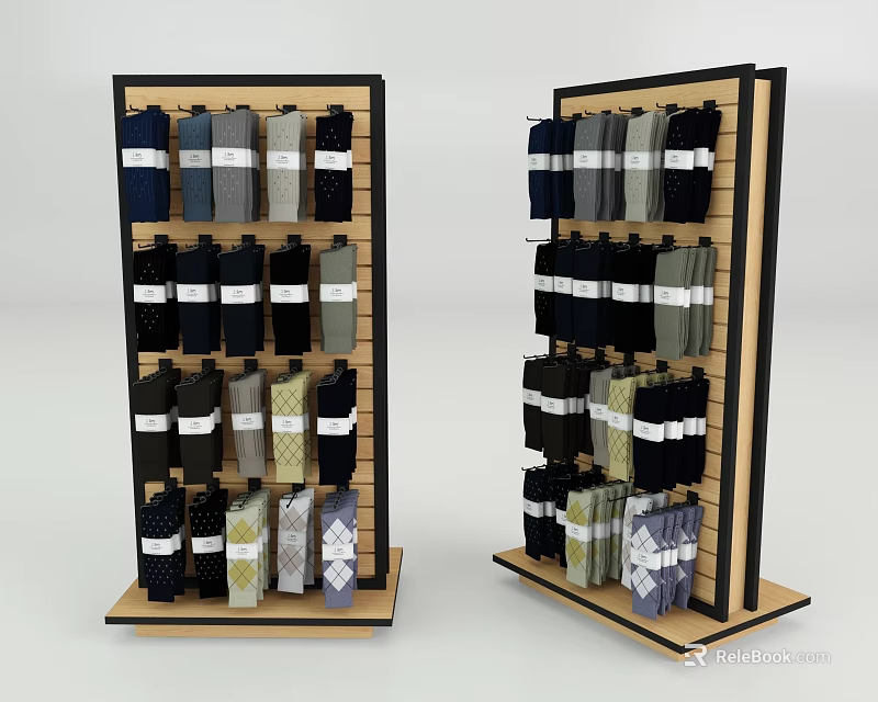 Wooden Frame Display Shelves with Organized Socks in Various Colors and Patterns 3d model 