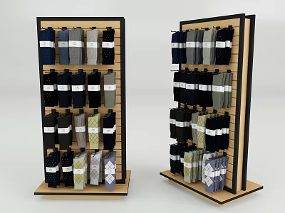 Wooden Frame Display Shelves with Organized Socks in Various Colors and Patterns 3d model