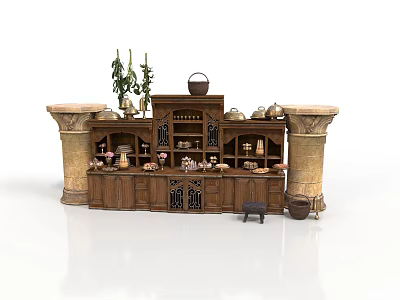 Household Items Display On Vintage Wooden Shelf With Stone Pillars And Plants 3d model