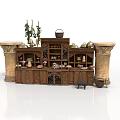 Household Items Display On Vintage Wooden Shelf With Stone Pillars And Plants