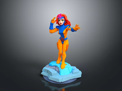 Woman Action Figure With Red Hair Blue And Orange Outfit On Ice Like Base 3d model