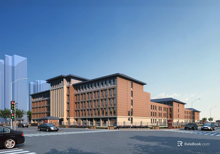 Modern Red Brick School Building With Urban Street View And Surrounding Vehicles 3d model 