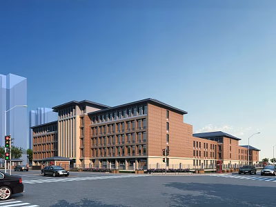 Modern Red Brick School Building With Urban Street View And Surrounding Vehicles 3d model