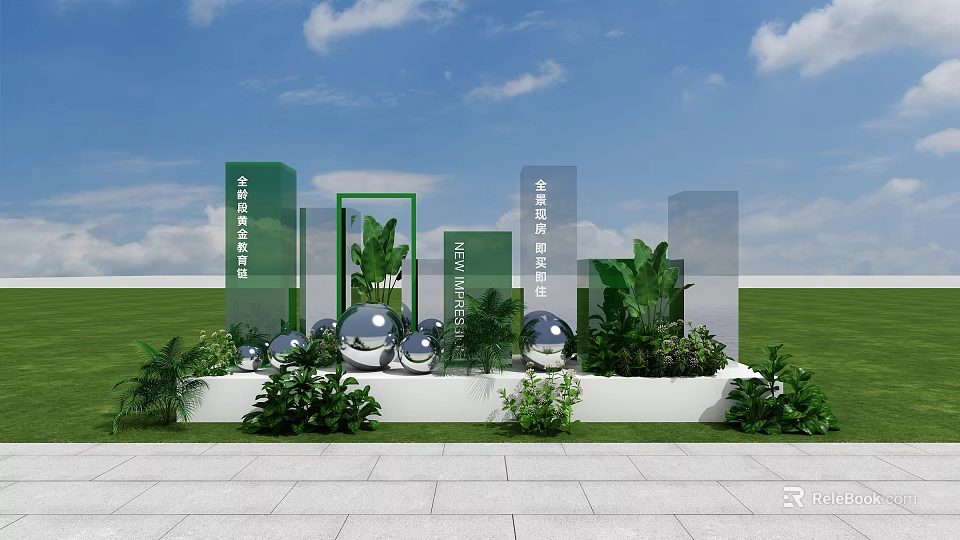 Floral Art Installation With Green Plants Silver Spherical Decorations And White Base 3d model 