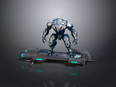 Mechanical Biomechanical Character With Intricate Metallic Armor Standing On Platform Featuring Blue Lights 3d model