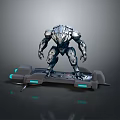 Mechanical Biomechanical Character With Intricate Metallic Armor Standing On Platform Featuring Blue Lights