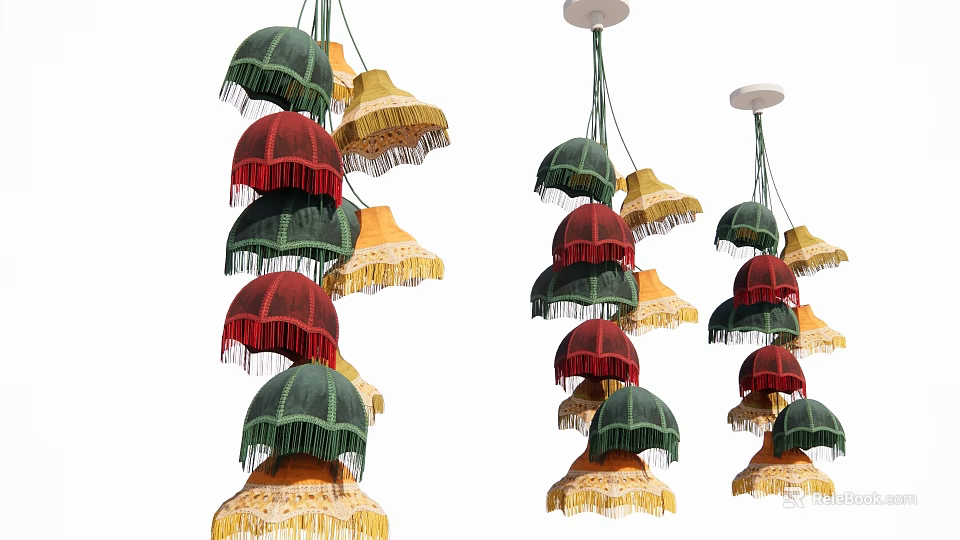 Colorful Decorative Hanging Chandeliers With Green Red Yellow Fringed Lampshades 3d model 