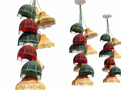 Colorful Decorative Hanging Chandeliers With Green Red Yellow Fringed Lampshades 3d model