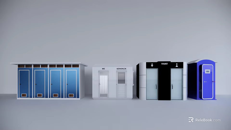 Different Colored Portable Toilet Cabins With Toilet Signs And Various Designs 3d model 