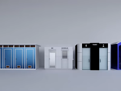 Different Colored Portable Toilet Cabins With Toilet Signs And Various Designs 3d model