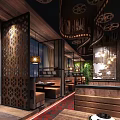 Elegant Restaurant Interior Featuring Spiral Ceiling Red Chairs Round Tables Wooden Stone Walls