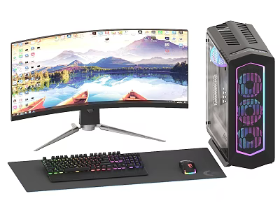 Gaming Computer Setup With Curved Monitor RGB PC Case Keyboard And Mouse 3d model