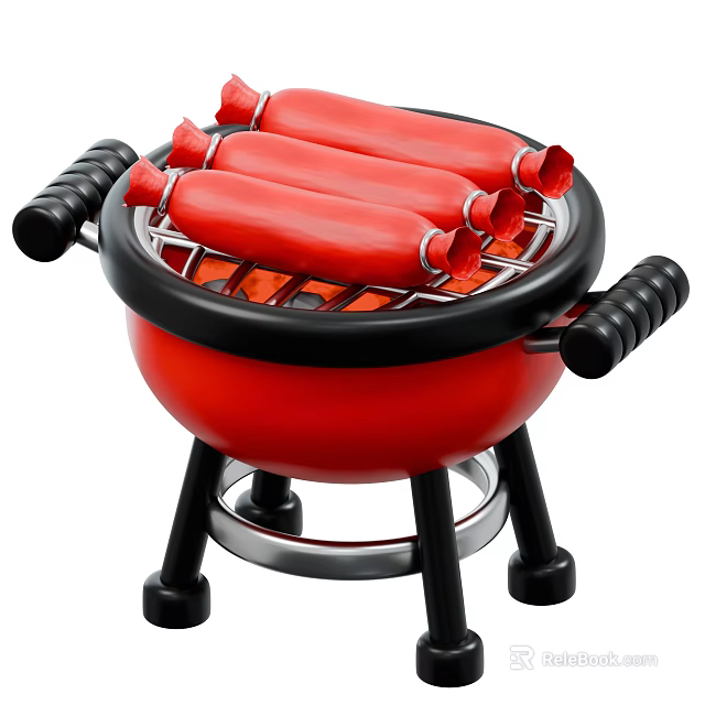 Small Portable Red Grill With Black Handles And Stands For Grilling Sausages 3d model 