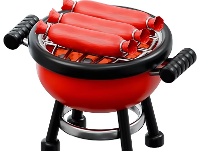 Small Portable Red Grill With Black Handles And Stands For Grilling Sausages 3d model