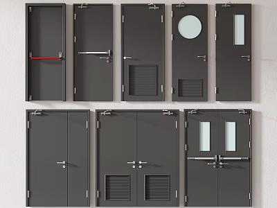 Dark Colored Swing Doors Featuring Various Designs Glass Panels And Louver Details 3d model