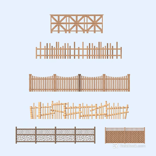 Various Wooden Railings With Different Styles Including Crossed Vertical And Wavy Patterns 3d model