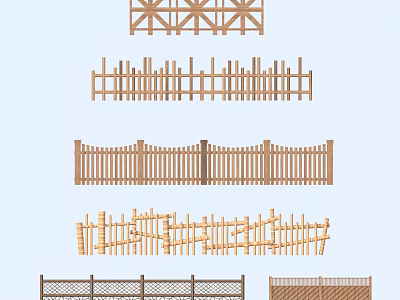 Various Wooden Railings With Different Styles Including Crossed Vertical And Wavy Patterns 3d model